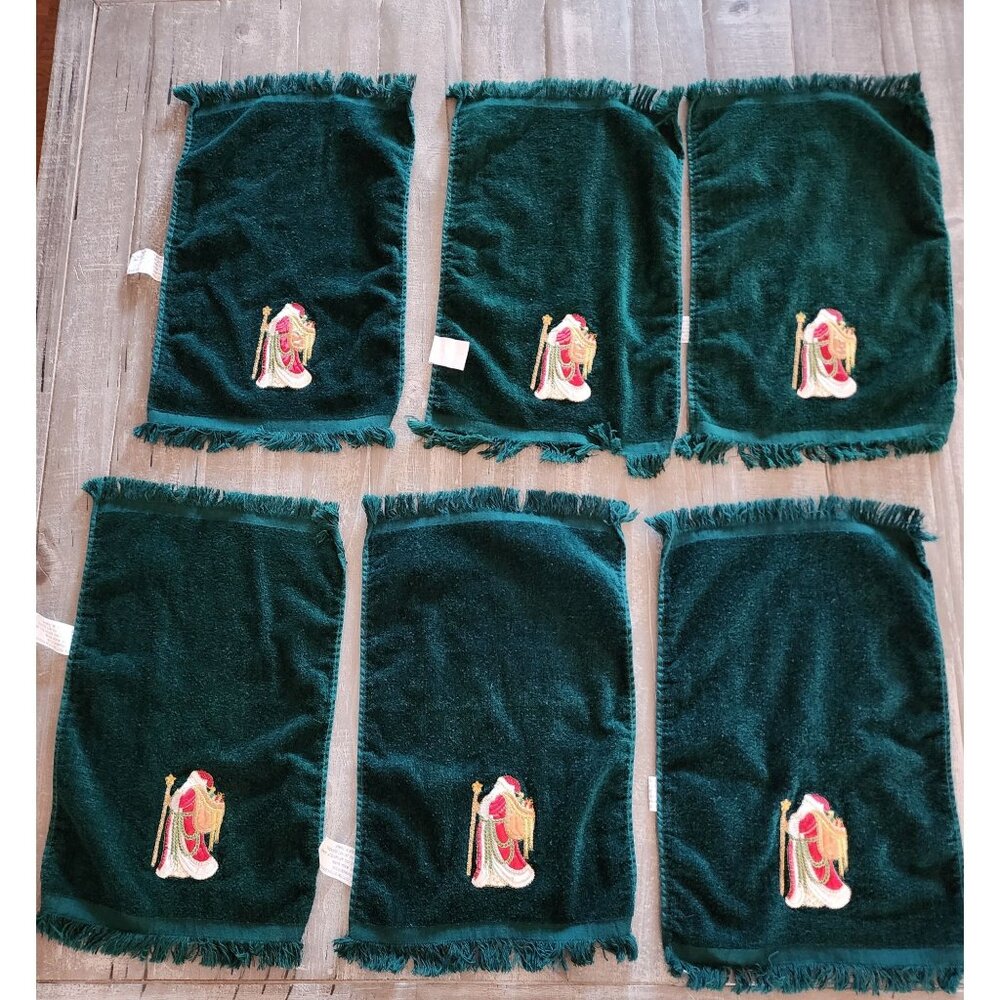 Set Of 6 Embroidered Christmas Hand Towels‎ Dark Green 100% Cotton 15"x10"
